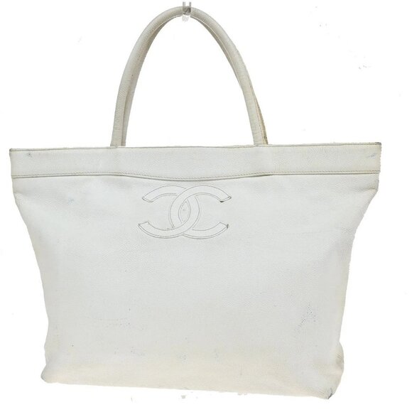 CHANEL Handbags - CHANEL CC Shoulder Hand Tote Bag Grained Calfskin Leather White Vintage 84KP139